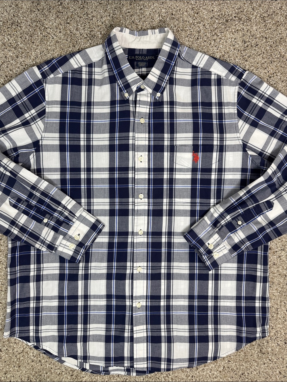 U.S. Polo Assn. Navy and White Plaid Button-Down Shirt with Red Logo XL